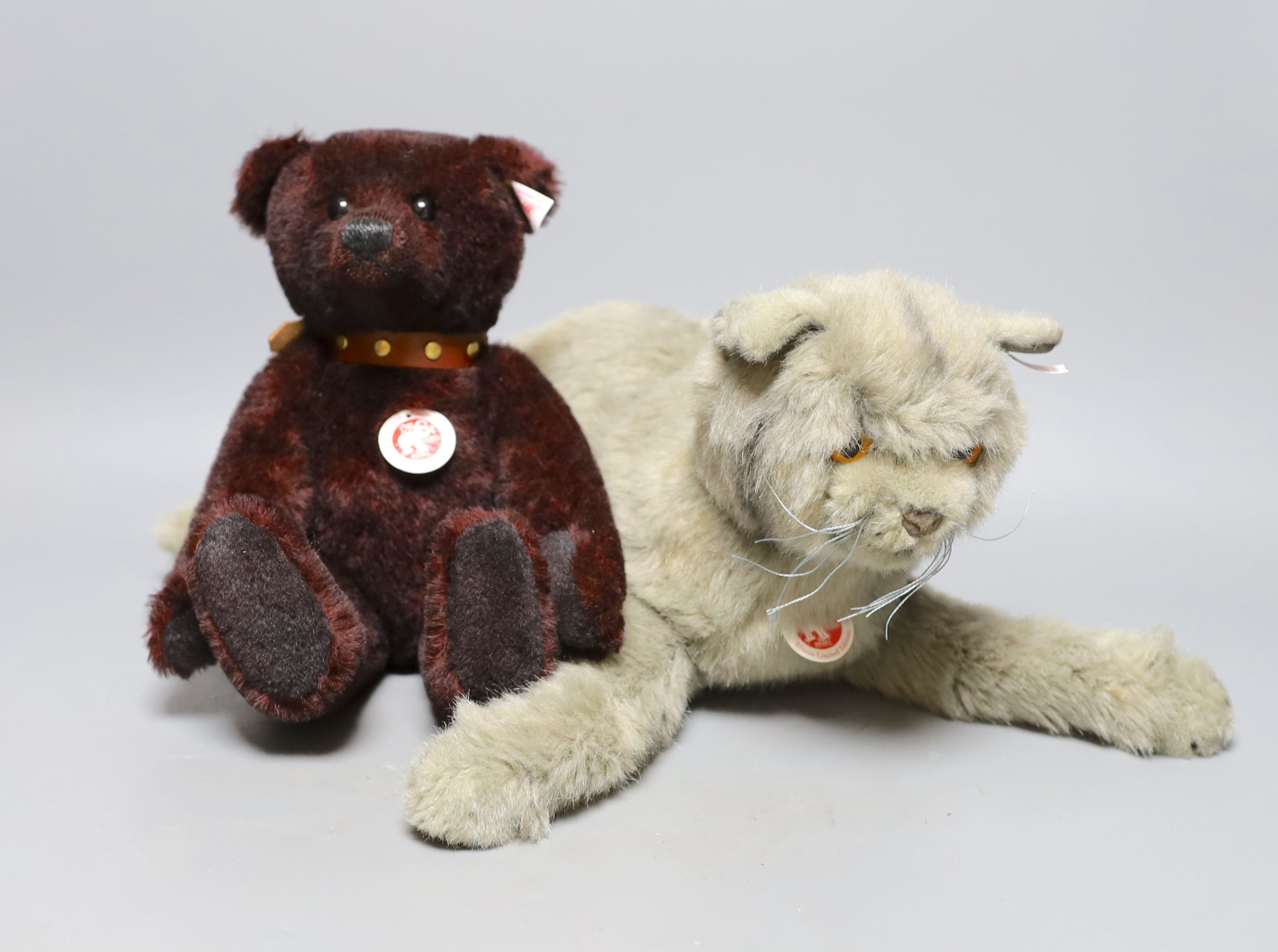 Steiff British Blue Cat with box and certificate, Limited Edition with Steiff Teddy Bear dark red Limited Edition, box and certificate, blue cat 36 cms wide.